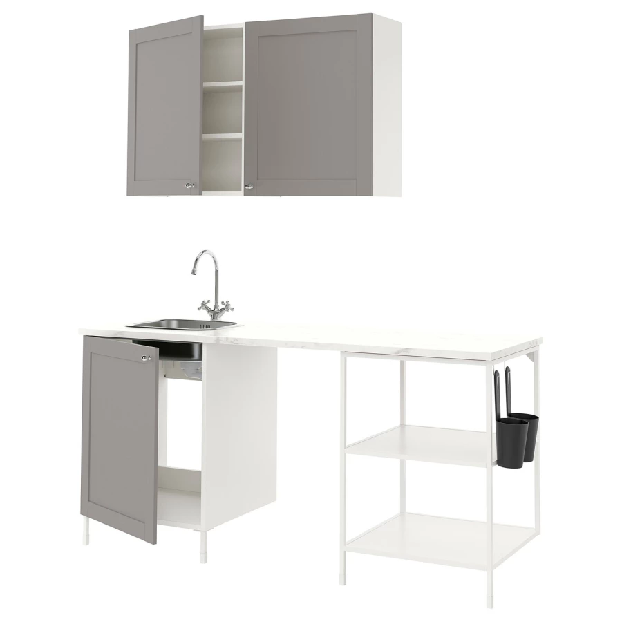 Комбинация для кухонного хранения  - ENHET  IKEA/ ЭНХЕТ ИКЕА, 183x63,5x222 см, белый/серый (изображение №1)