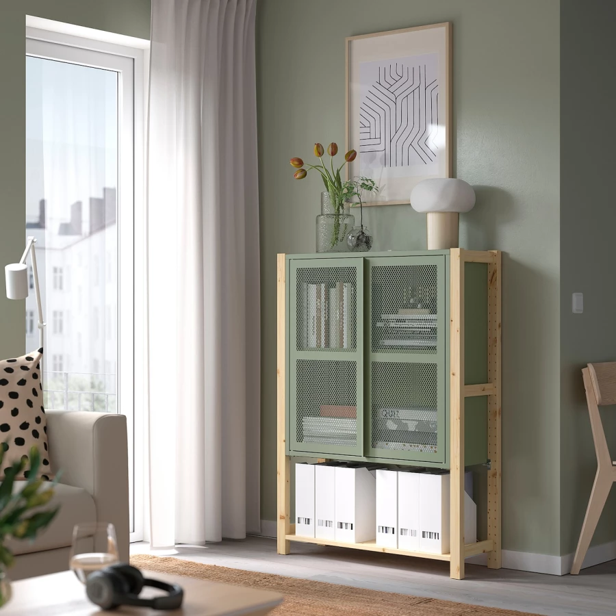 Комбинация для хранения - IKEA IVAR/ИВАР ИКЕА, 89х30х124 см, сосна/серо-зеленый (изображение №2)