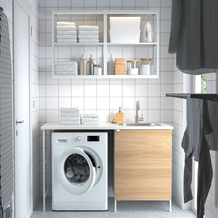 Комбинация шкафов для прачечной и кухни - ENHET  IKEA/ ЭНХЕТ ИКЕА, 139x63,5x87,5 см, белый/бежевый (изображение №2)