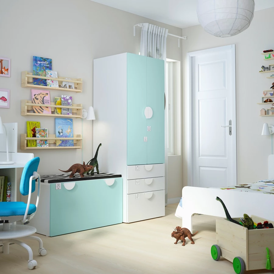 Детская гардеробная комбинация - IKEA PLATSA SMÅSTAD/SMASTAD, 181x57x150см, белый/бирюзовый, ПЛАТСА СМОСТАД ИКЕА (изображение №2)