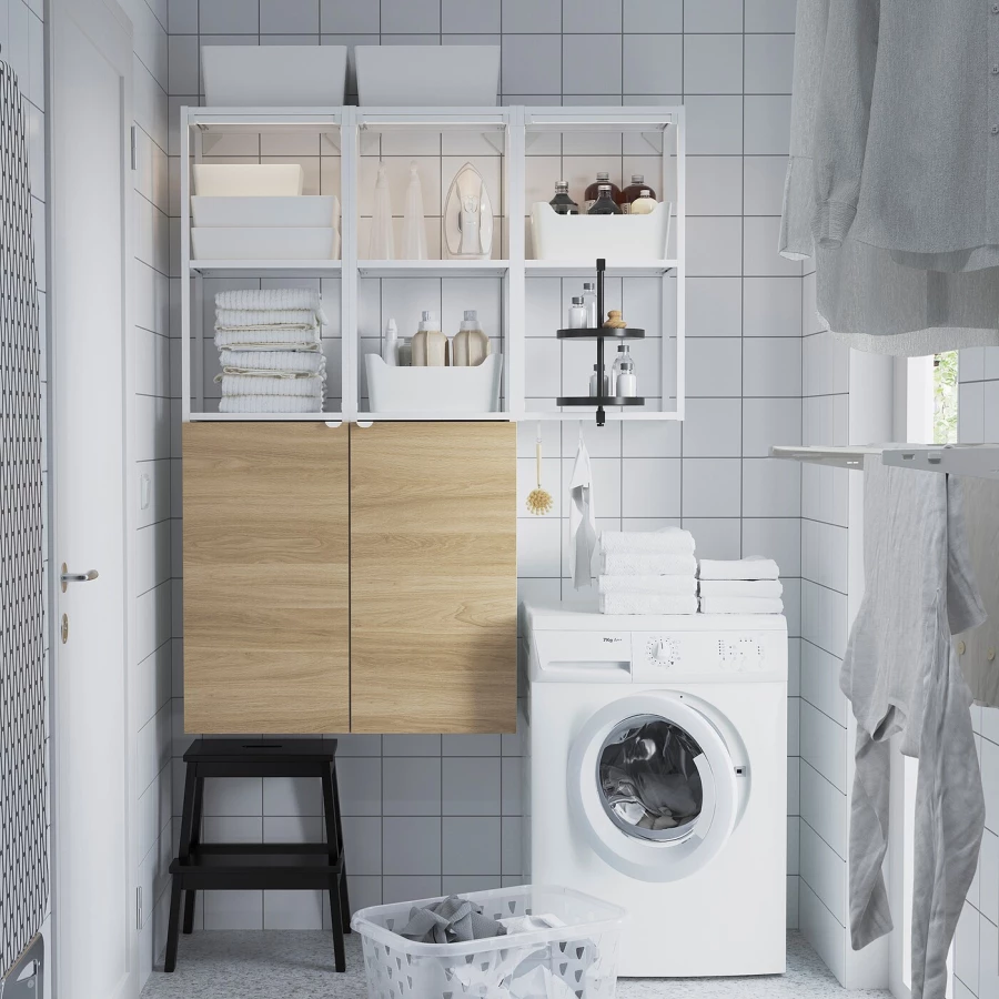 Комбинация для ванной - IKEA ENHET, 120х32х150 см, белый/имитация дуба, ЭНХЕТ ИКЕА (изображение №3)