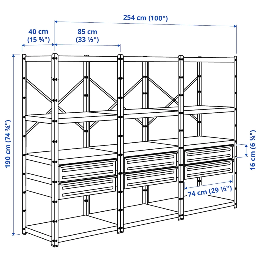 Стеллаж с ящиками - IKEA BROR, 254х40х190 см, черный, БРУР ИКЕА (изображение №3)