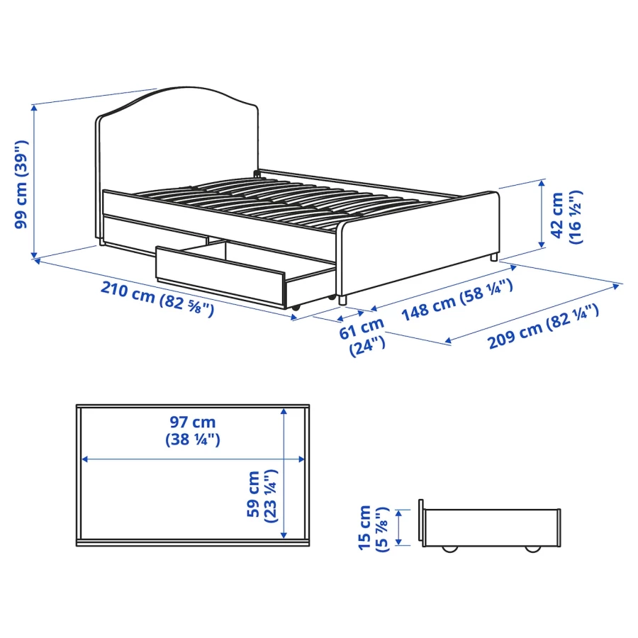 Основание для двуспальной кровати - IKEA HAUGA, 200х140 см, серый, ХАУГА ИКЕА (изображение №7)