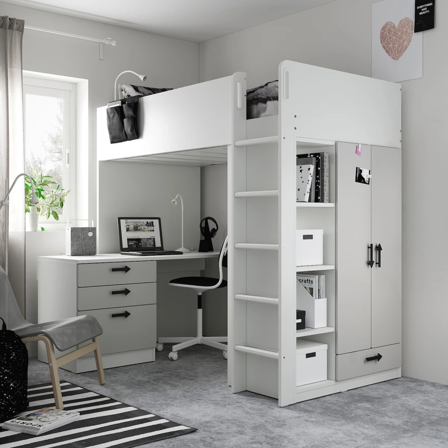 Кровать двухъярусная - IKEA SMÅSTAD/SMASTAD/СМОСТАД ИКЕА, 90x200 см, белый/серый (изображение №4)