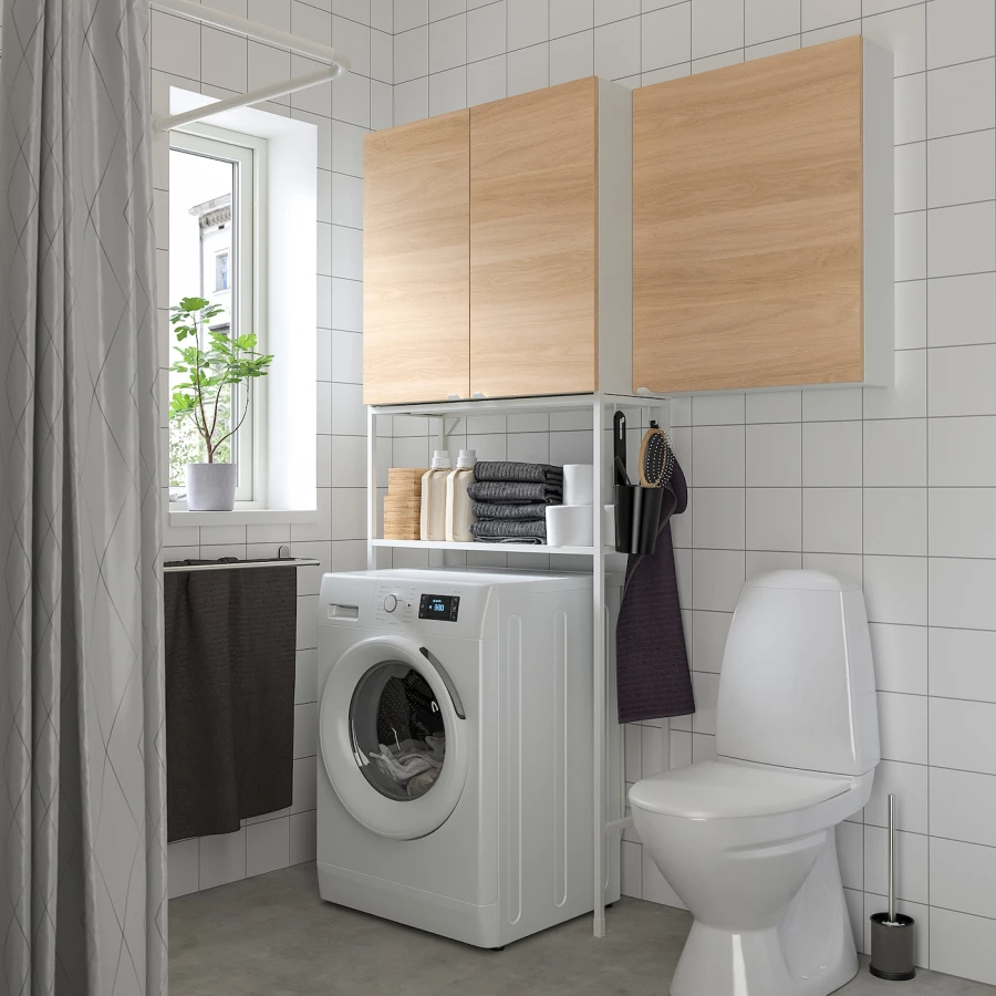 Комбинация шкафов  для прачечной и ванной - ENHET IKEA/ ЭНХЕТ ИКЕА,140x32x204 см, бежевая/белая (изображение №2)