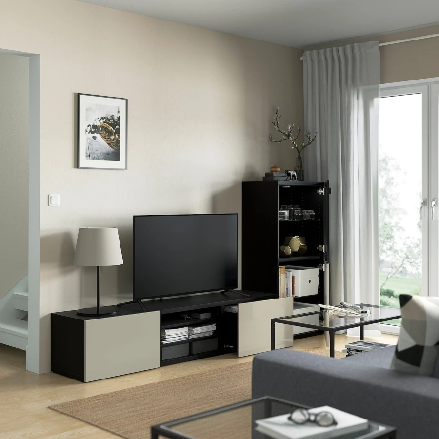 Комбинация для хранения ТВ - IKEA BESTÅ/BESTA, 129x42x240см, черный/светло-коричневый, БЕСТО ИКЕА (изображение №2)