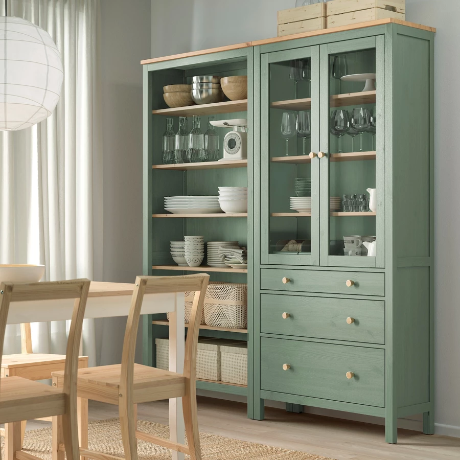 Комбинация для хранения - IKEA HEMNES/ ХЕМНЕС ИКЕА, 180x197 см, серо-зеленый/светло-коричневая морилка (изображение №2)