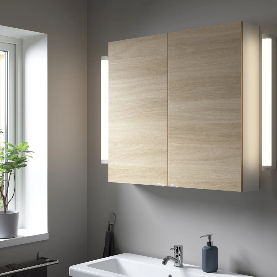Настенный шкаф для ванной комнаты - ENHET IKEA/ ЭНХЕТ ИКЕА, 80х75х17 см, коричневый/белый (изображение №2)