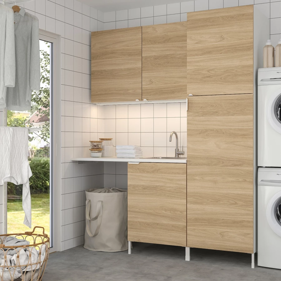 Комбинация для ванной - IKEA ENHET,  183x63.5x222.5 см, белый/имитация дуба, ЭНХЕТ ИКЕА (изображение №2)