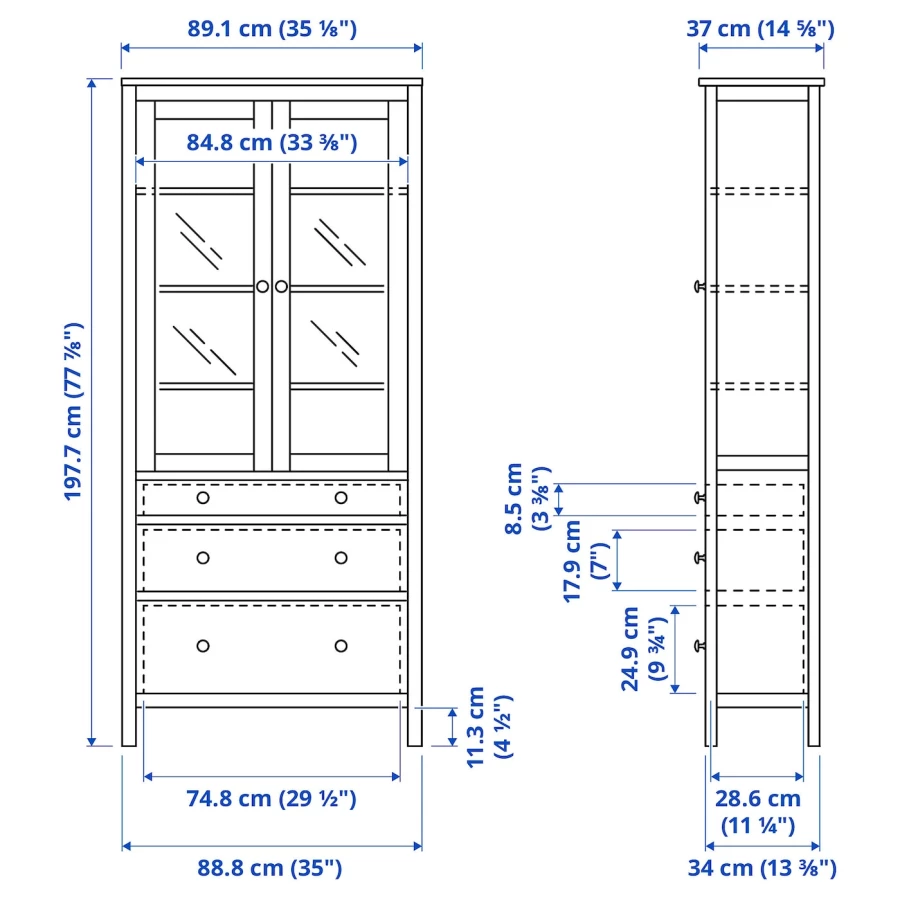 Шкаф со стеклянными дверцами - IKEA HEMNES/ХЕМНЭС  ИКЕА, 90x197х37 см, белый, (изображение №6)