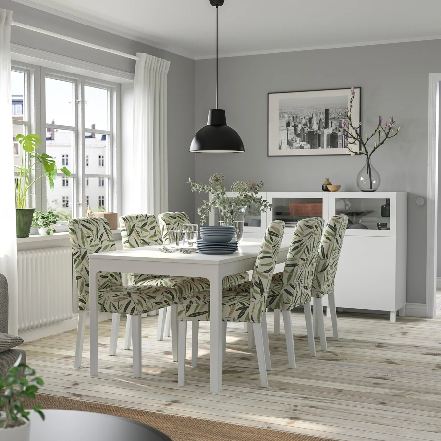 Стол и 6 стульев - EKEDALEN / BERGMUND IKEA/ ЭКАДАЛЕН /БЕРГМУНД ИКЕА, 240/180 см, белый/зеленый с рисунком (изображение №2)