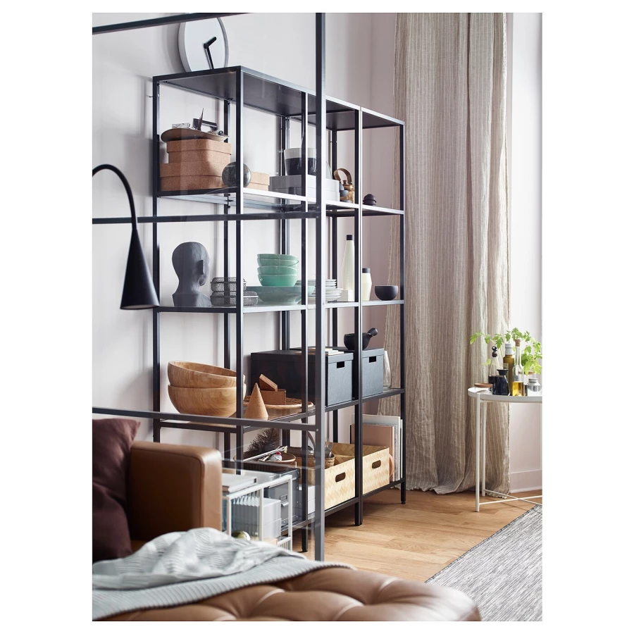 Стеллаж - IKEA VITTSJÖ/VITTSJO, 151х36х175 см, черно-коричневый/стекло, ВИТШЁ/ВИТШЕ ИКЕА (изображение №3)