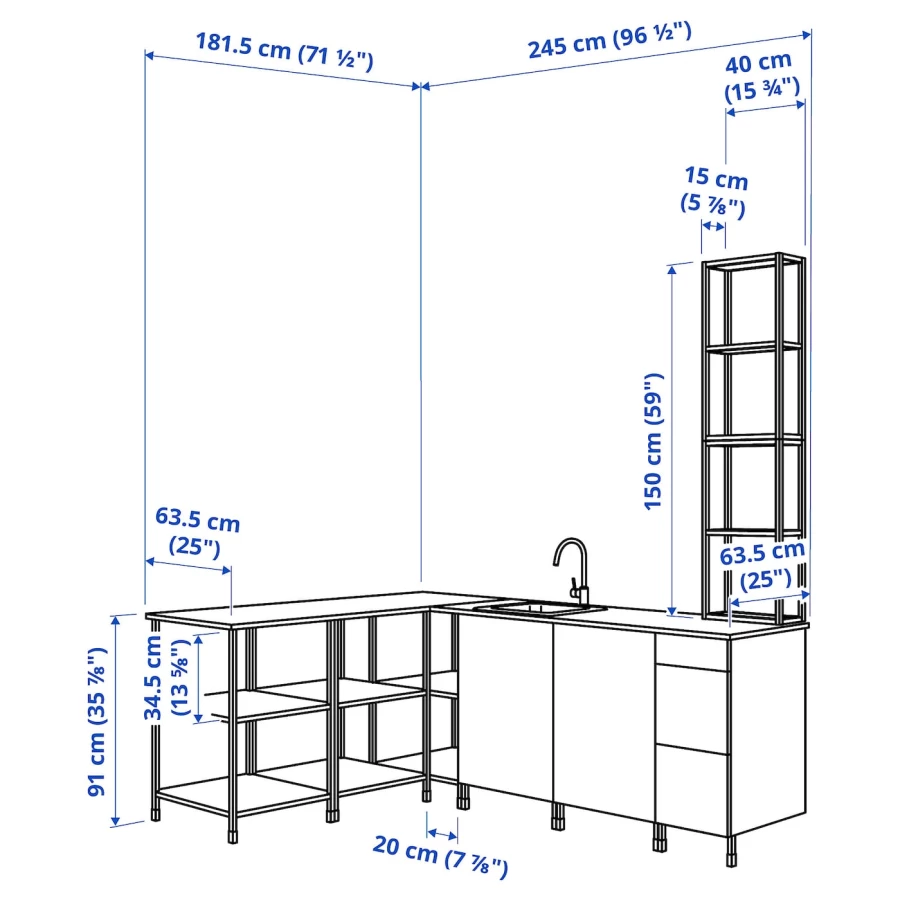 Угловая кухонная комбинация для хранения - ENHET  IKEA/ ЭНХЕТ ИКЕА, 181,5х245х75 см, белый/серый/бежевый (изображение №3)