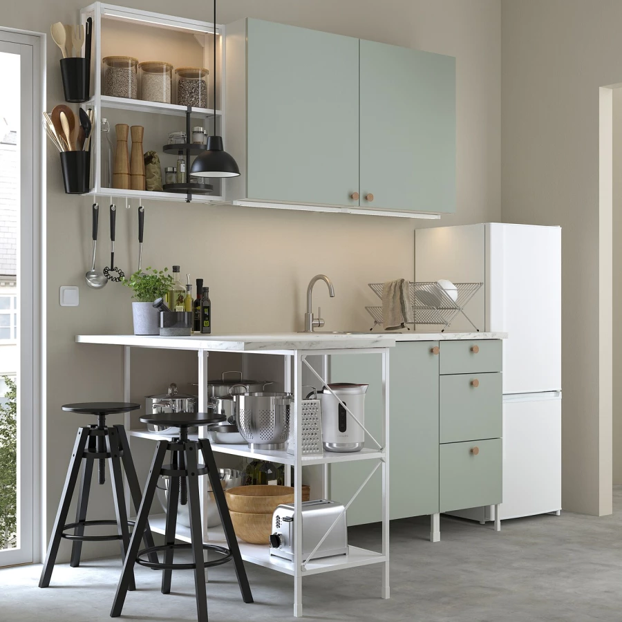 Угловая кухня -  ENHET  IKEA/ ЭНХЕТ ИКЕА, 185х75 см, белый/зеленый (изображение №2)