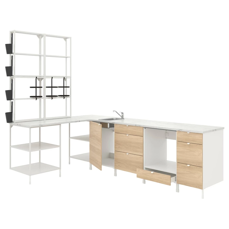 Угловая кухонная комбинация для хранения - ENHET  IKEA/ ЭНХЕТ ИКЕА, 181,5х281,5х75 см, белый/бежевый (изображение №1)
