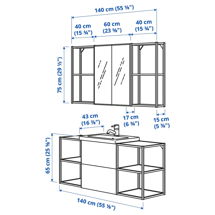 Комбинация для ванной - IKEA ENHET, 140х43х65 см, белый/антрацит, ЭНХЕТ ИКЕА (изображение №3)