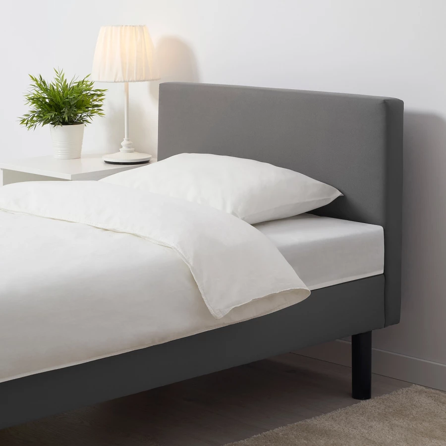 Каркас кровати с мягкой обивкой и матрасом - IKEA SVELGEN, 200х90 см, матрас жесткий, серый, СВЕЛГЕН ИКЕА (изображение №3)
