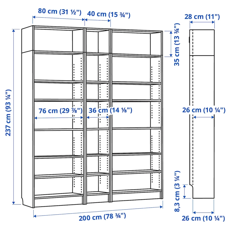 Книжный шкаф -  BILLY IKEA/ БИЛЛИ ИКЕА, 200х28х237 см,  под беленый дуб (изображение №6)