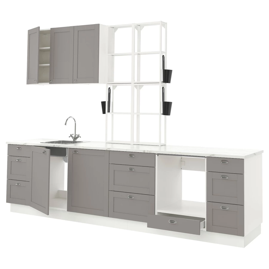 Угловая кухонная комбинация для хранения - ENHET  IKEA/ ЭНХЕТ ИКЕА, 323х63,5х241 см, белый/серый (изображение №1)
