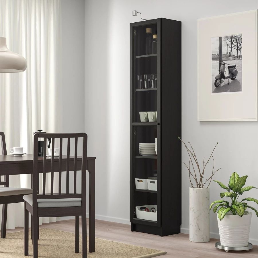Книжный шкаф со стеклянной дверцей - BILLY/OXBERG IKEA/БИЛЛИ/ОКСБЕРГ ИКЕА, 30х40х202 см, чёрный (изображение №2)