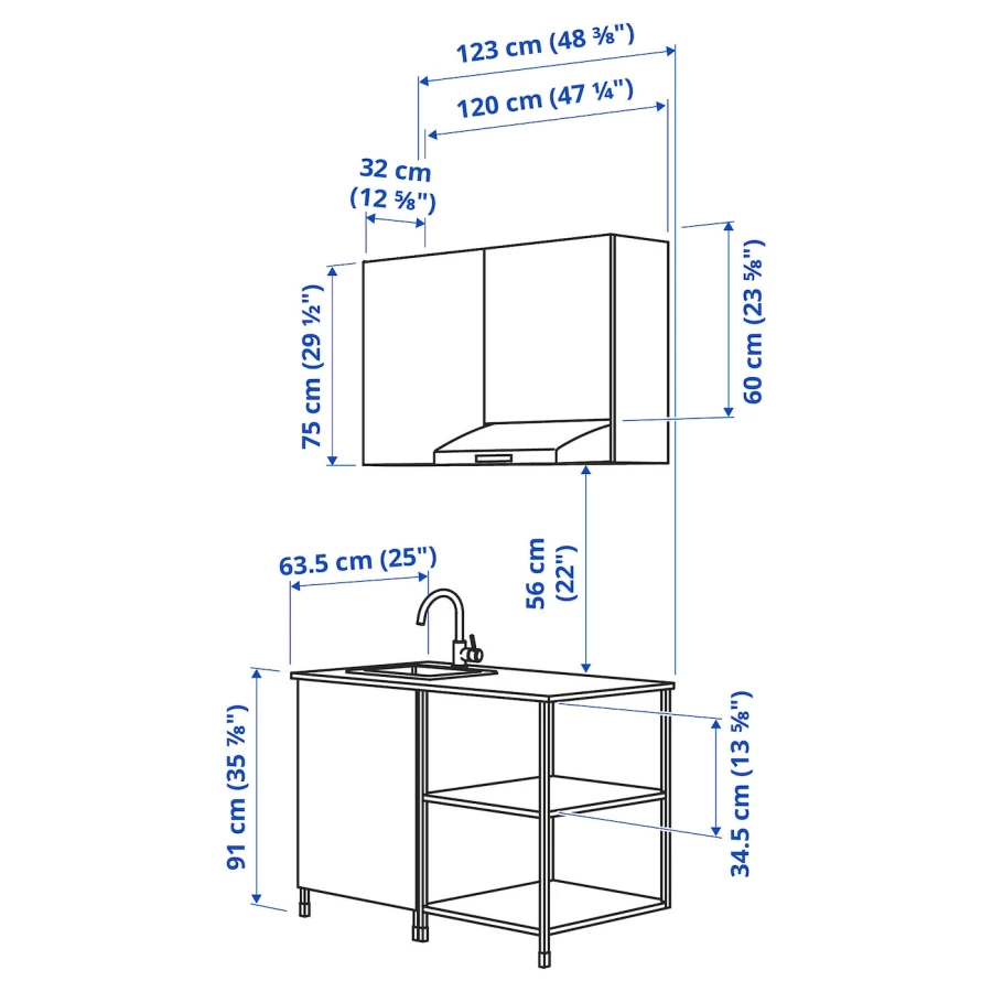Кухонная комбинация для хранения - ENHET  IKEA/ ЭНХЕТ ИКЕА, 123х63,5х222 см, белый/черный (изображение №3)
