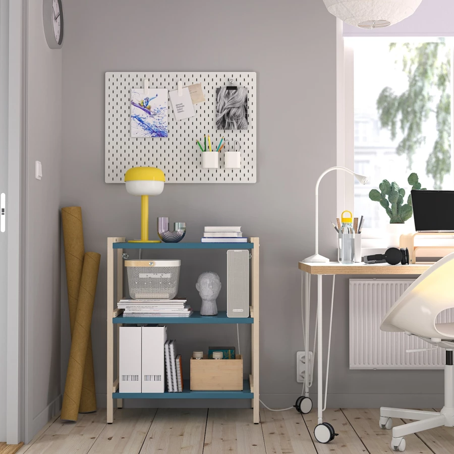 Стеллаж - IKEA EKENABBEN, 70х34х86 см, голубой/под беленый дуб, ЭКЕНАББЕН ИКЕА (изображение №2)