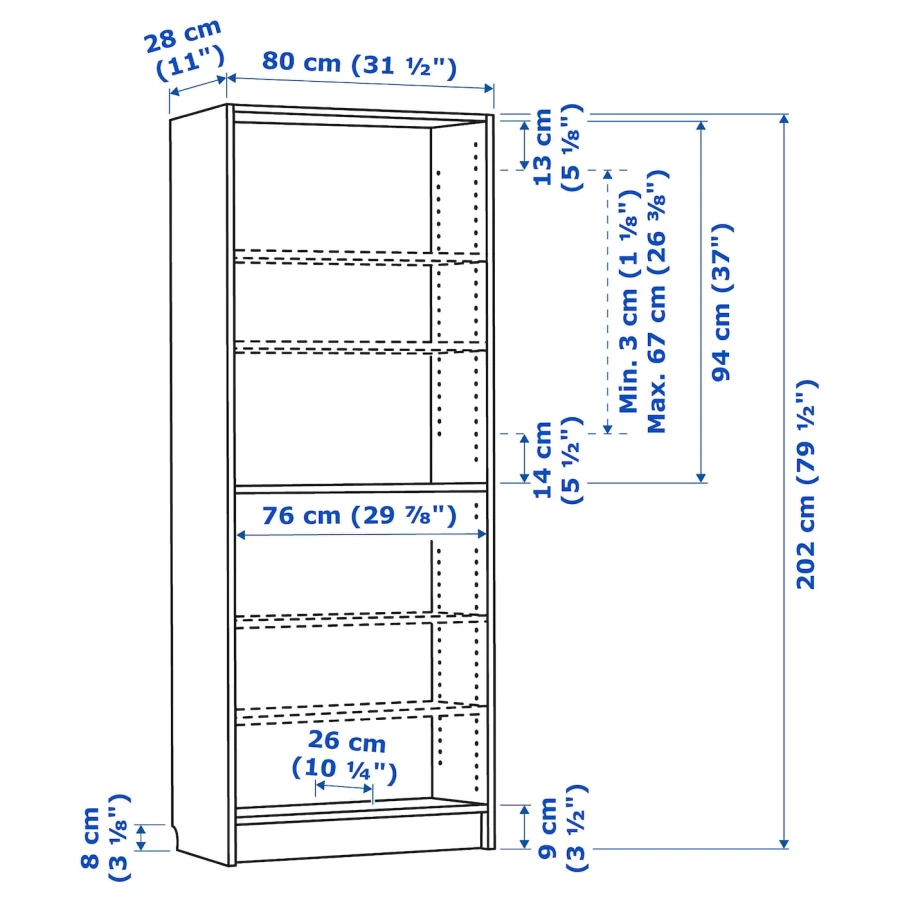 Книжный шкаф -  BILLY IKEA/ БИЛЛИ ИКЕА, 80х28х202 см,синий (изображение №5)
