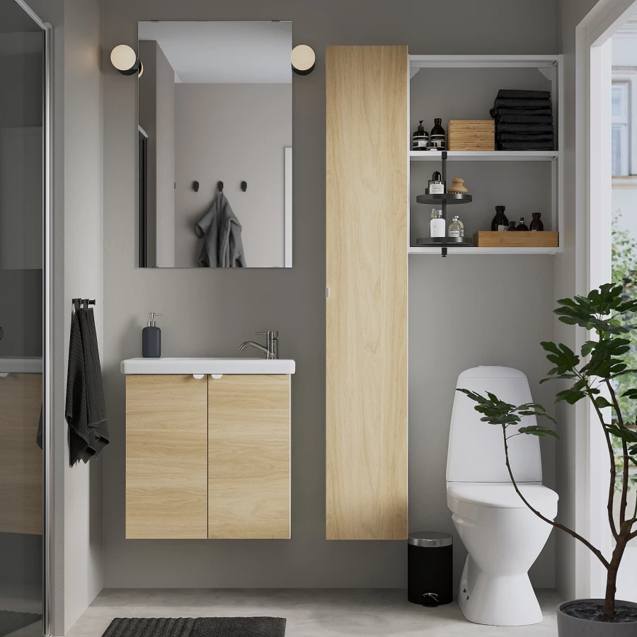 Комбинация для ванной - IKEA ENHET, 64х33х65 см, белый/имитация дуба, ЭНХЕТ ИКЕА (изображение №2)