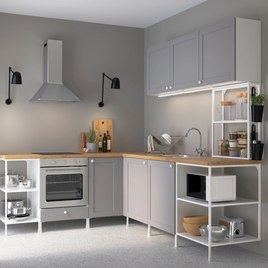 Угловая кухонная комбинация для хранения - ENHET  IKEA/ ЭНХЕТ ИКЕА, 210,5х248,5х75 см, белый/серый/бежевый (изображение №2)