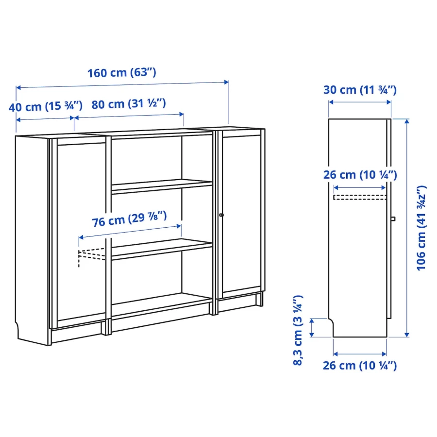 Книжный шкаф -  BILLY / OXBERG IKEA/ БИЛЛИ/ ОКСБЕРГ ИКЕА,160х106 см, под беленый дуб (изображение №7)