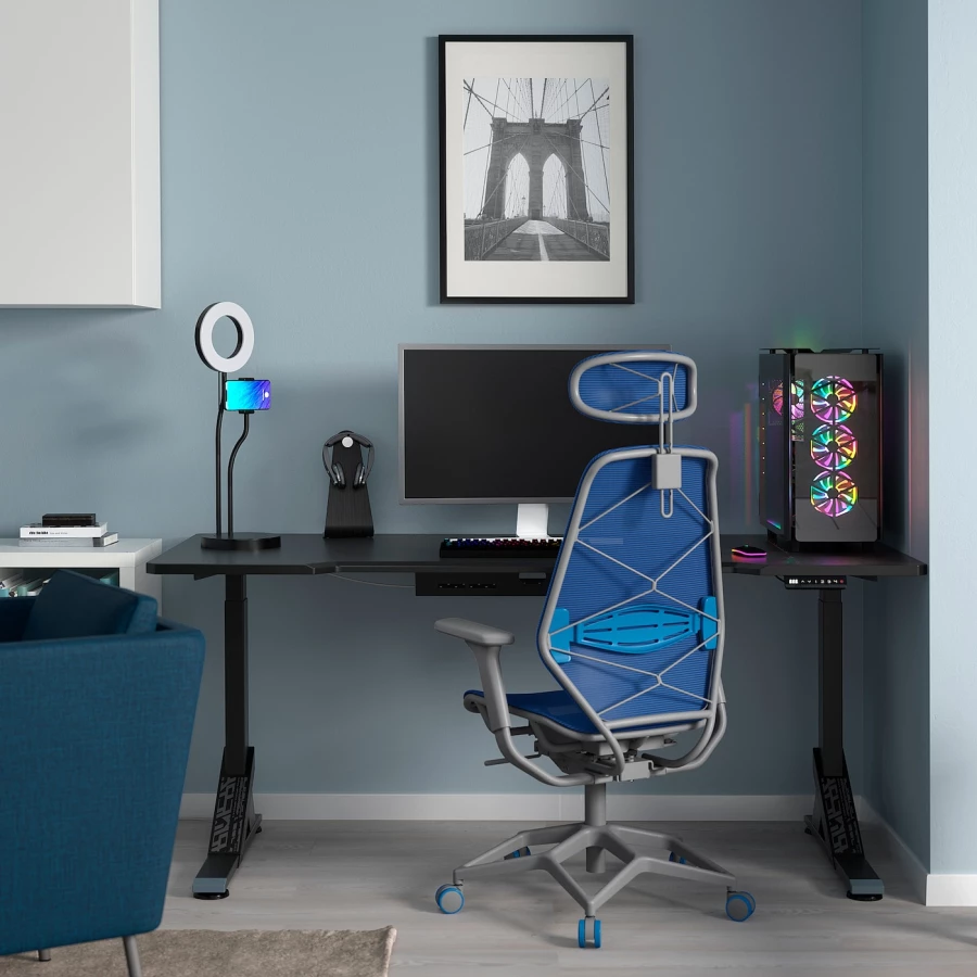 Игровой стол и стул - IKEA UPPSPEL / STYRSPEL, 180х80 см, черный/серый/синий, УППСПЕЛ/СТИРСПЕЛ ИКЕА (изображение №2)