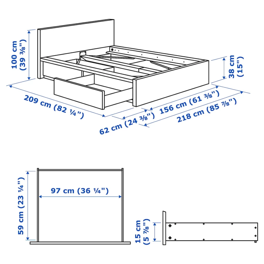 Каркас кровати с 2 ящиками - IKEA MALM/МАЛЬМ ИКЕА, 156x200 см, синий (изображение №11)