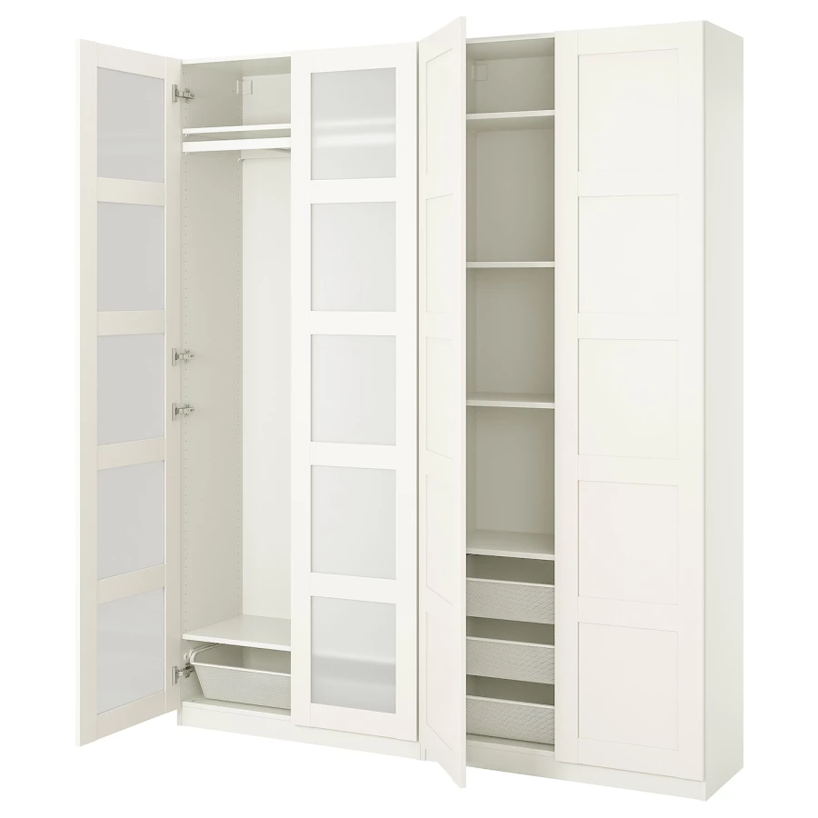 Гардероб - IKEA PAX/BERGSBO/ПАКС/БЕРГСБУ ИКЕА, 200x38x236 см, белый / из матового стекла (изображение №1)