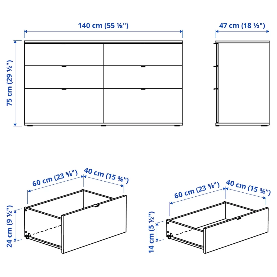 Комод с 6 ящиками - IKEA VIHALS/ВИХАЛС ИКЕА, 47х75х140 см, серый (изображение №7)
