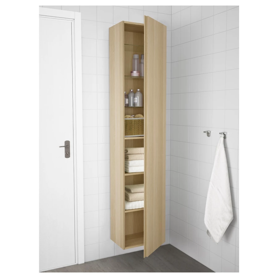 Высокий шкаф для ванной - IKEA GODMORGON /ГОДМОРГОН ИКЕА, 40x32x192 см, под беленый дуб (изображение №2)