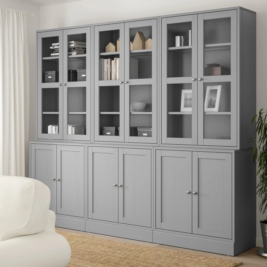 Шкаф со стеклянными дверцами- HAVSTA IKEA/ ХАВСТА ИКЕА, 243x212x47 см, серый (изображение №2)