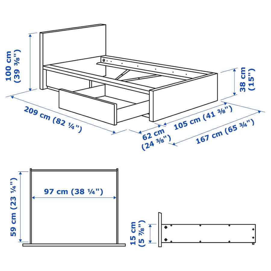 Каркас кровати с 2 ящиками для хранения - IKEA MALM, 200х90 см, белый, МАЛЬМ ИКЕА (изображение №9)