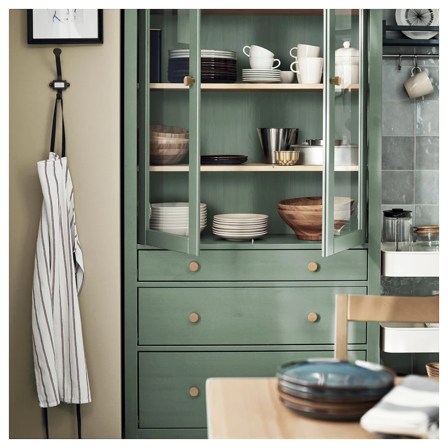 Шкаф со стеклянными дверцами - IKEA HEMNES/ХЕМНЭС ИКЕА, 90x197 см, серо-зеленая/светло-коричневая морилка (изображение №9)