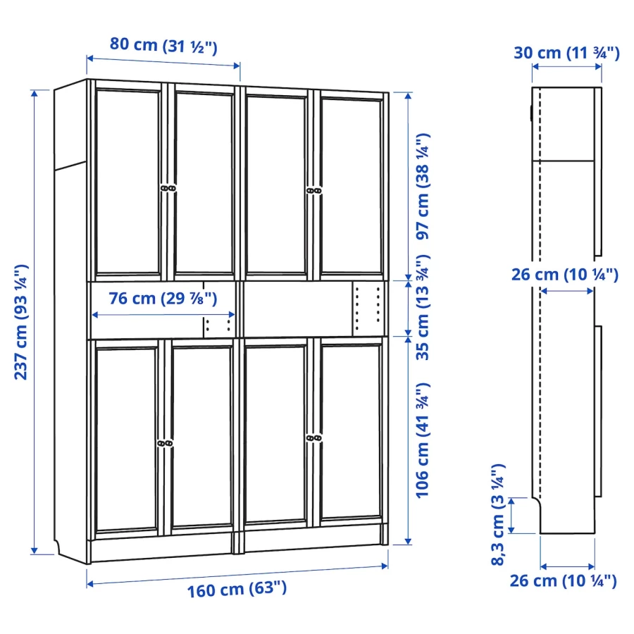 Книжный шкаф с дверцей - BILLY/OXBERG IKEA/ БИЛЛИ/ОКСБЕРГ ИКЕА, 30х160х237 см, белый (изображение №6)