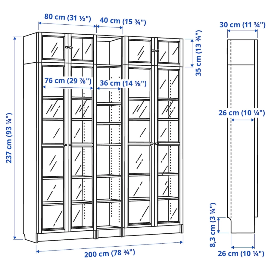 Книжный шкаф со стеклянной дверцей - BILLY/OXBERG IKEA/ БИЛЛИ/ОКСБЕРГ ИКЕА, 30х200х237 см, белый (изображение №5)