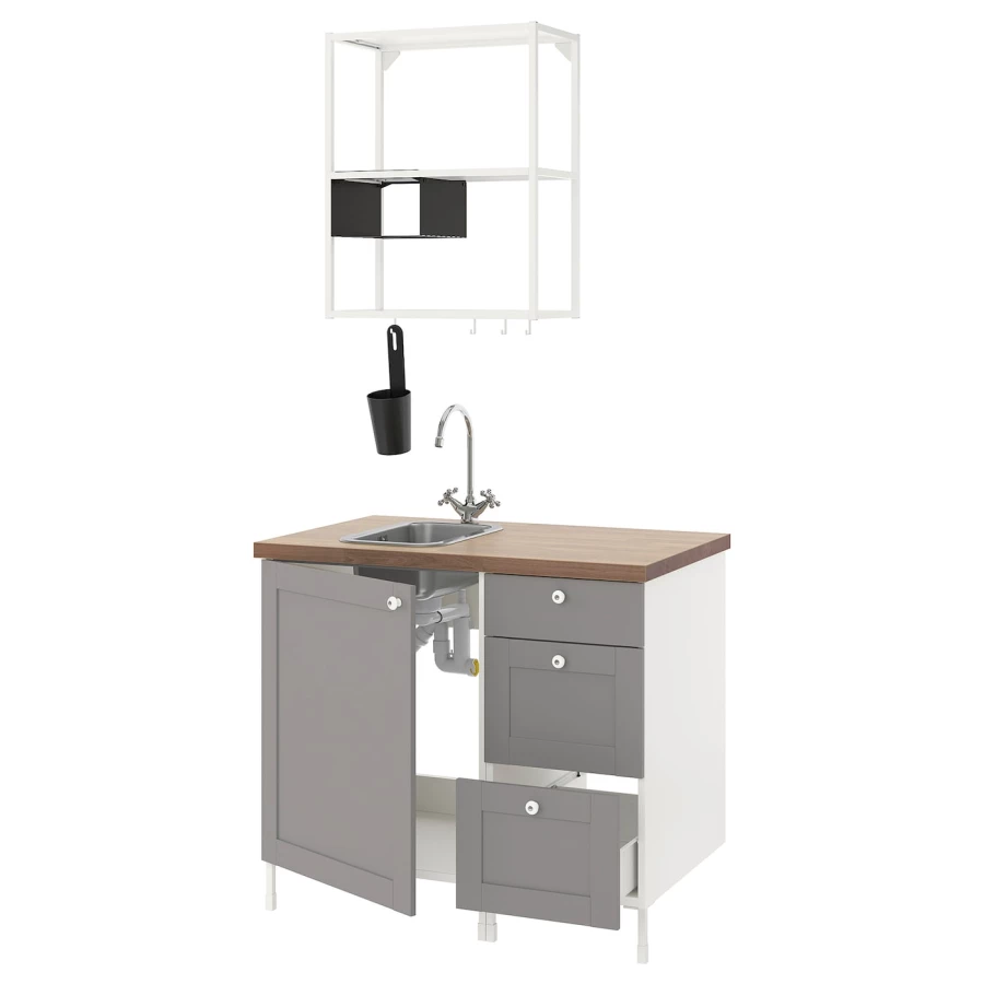 Комбинация шкафов для прачечной и кухни - ENHET  IKEA/ ЭНХЕТ ИКЕА, 103x63,5x222 см, белый/серый/бежевый (изображение №1)
