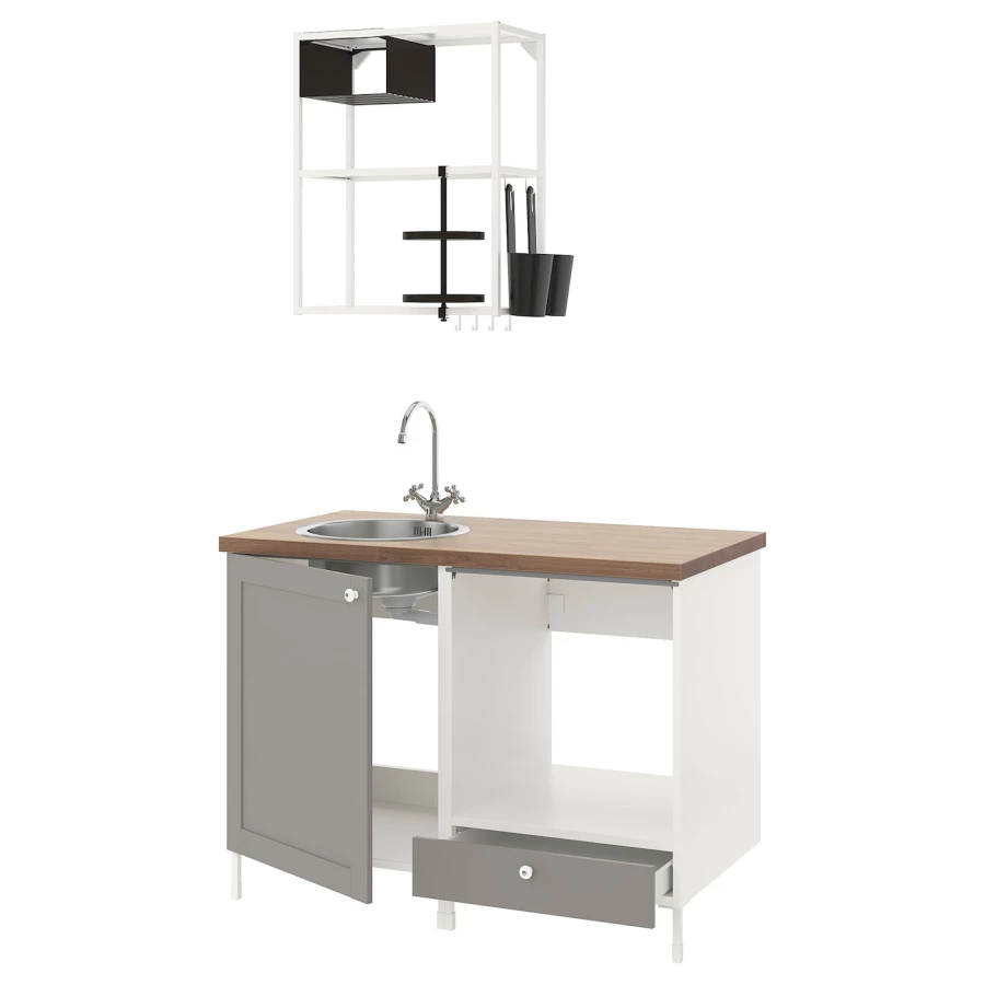 Комбинация для кухонного хранения  - ENHET  IKEA/ ЭНХЕТ ИКЕА, 123x63,5x222 см, белый/серый/бежевый (изображение №1)