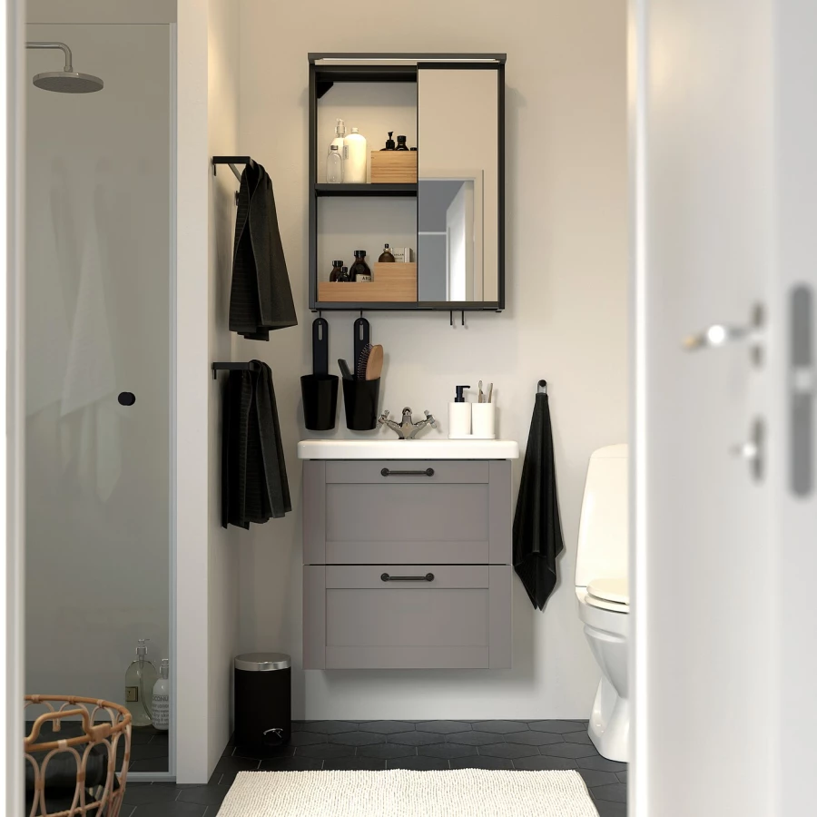 Комбинация для ванной - IKEA ENHET, 64х43х65 см, серый/антрацит, ЭНХЕТ ИКЕА (изображение №2)