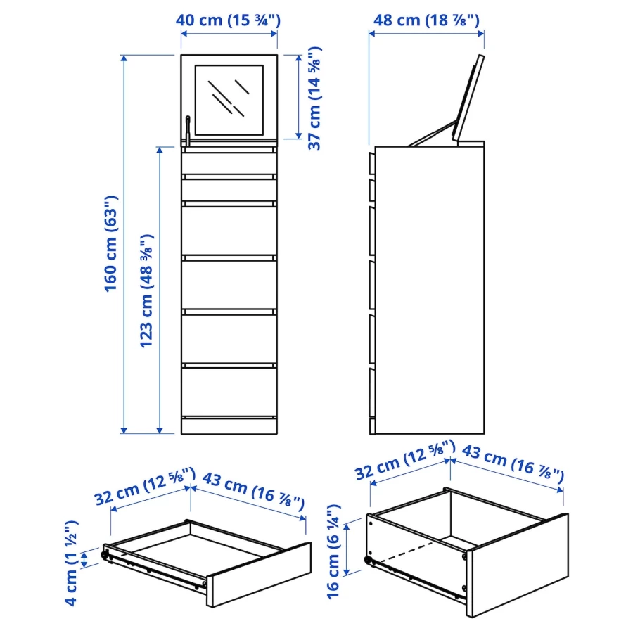 Комод с 6 ящиками - IKEA MALM, 123х40х48 см, белый  МАЛЬМ ИКЕА (изображение №7)