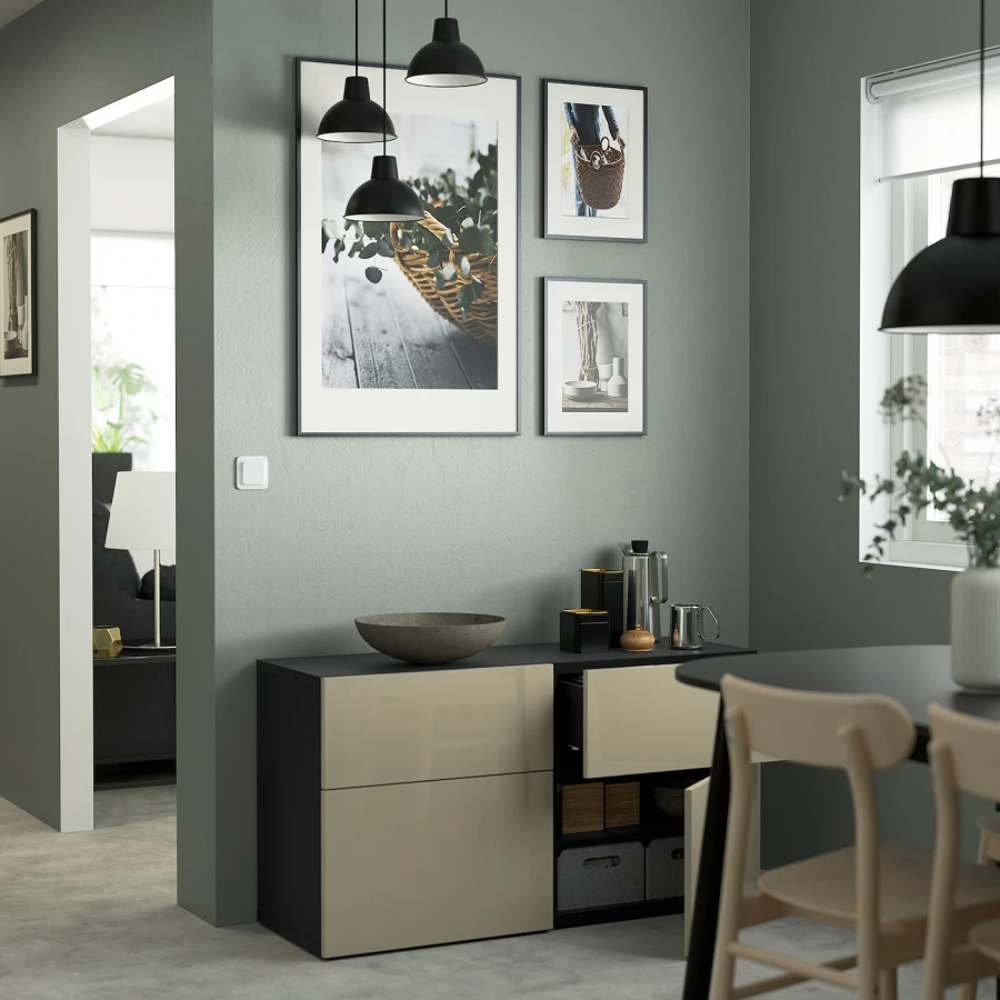 Комбинация для хранения - IKEA BESTÅ/BESTA, 120х42х65 см, черно-коричневый/бежевый глянец, БЕСТО ИКЕА (изображение №2)