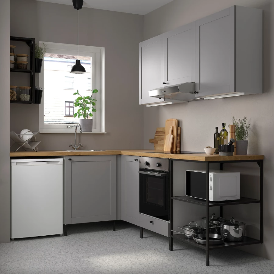 Угловая кухонная комбинация для хранения - ENHET  IKEA/ ЭНХЕТ ИКЕА, 190,5х228,5х75 см, белый/серый/бежевый/черный (изображение №2)