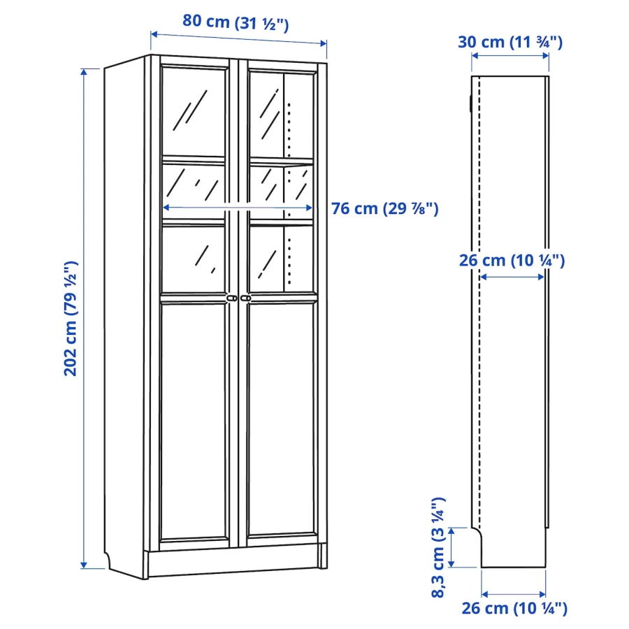 Книжный шкаф -  BILLY / OXBERG IKEA/ БИЛЛИ/ ОКСБЕРГ ИКЕА, 80х30х202 см,  под беленый дуб (изображение №6)