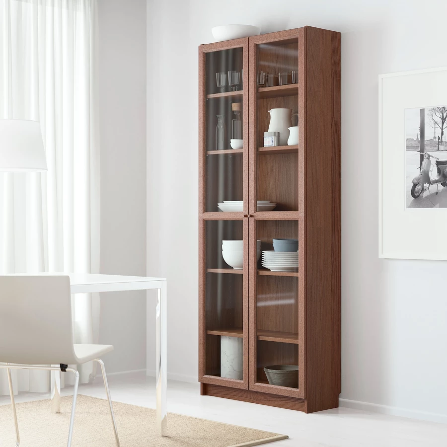 Книжный шкаф со стеклянной дверцей - BILLY/OXBERG IKEA/БИЛЛИ/ОКСБЕРГ ИКЕА, 30х80х202 см, коричневый (изображение №3)