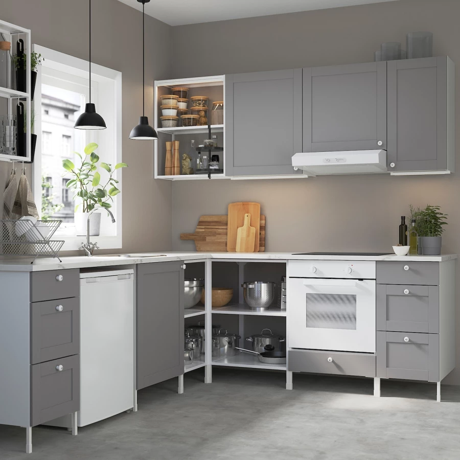 Угловая кухонная комбинация для хранения - ENHET  IKEA/ ЭНХЕТ ИКЕА, 261.5х221,5х75 см, белый/серый (изображение №2)
