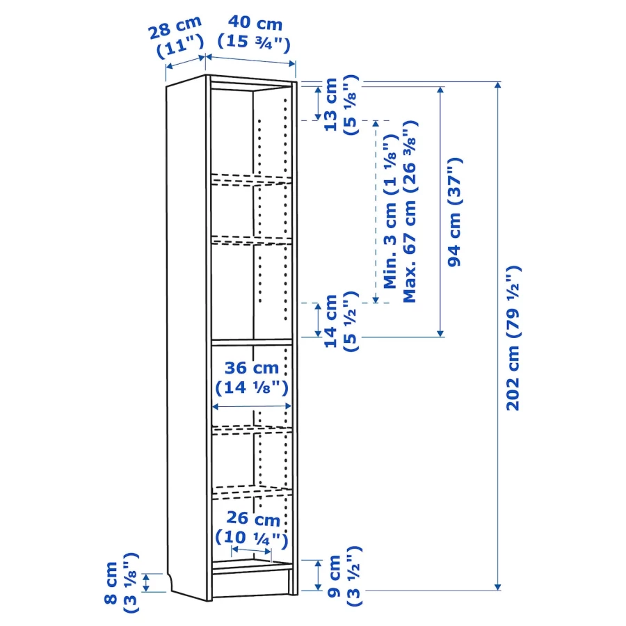 Книжный шкаф -  BILLY IKEA/ БИЛЛИ ИКЕА, 40х28х202 см, под беленый дуб (изображение №6)